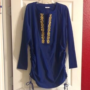 Cabana Life Navy/Gold Metallic-Embroided- ConvertibleTunic/ Rashguard Size 1X